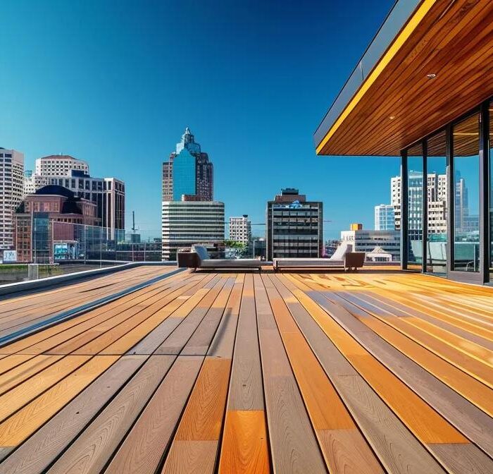 a modern urban outdoor display showcasing the durability and aesthetic appeal of wood, composite, and pvc decking materials under a clear blue sky in des moines, emphasizing their longevity and design versatility against a sleek city skyline backdrop.