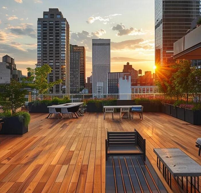 a sharp, modern outdoor patio showcasing a vibrant composite deck beside a rich, traditional wood deck, set against a sleek urban backdrop that emphasizes the contrasting materials and textures.