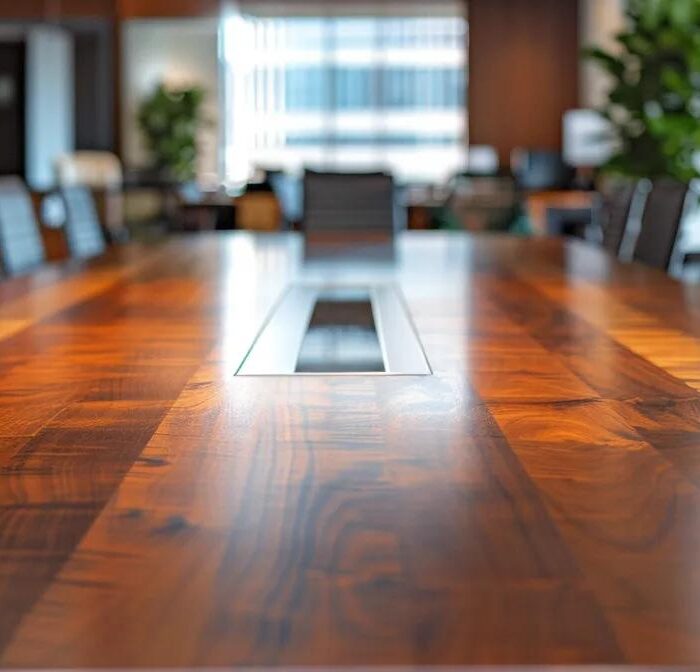 a sleek, modern office conference room showcases a polished wooden table surrounded by sophisticated composite material samples, emphasizing the contrasting textures and finishes that highlight the key advantages and disadvantages of treated lumber versus composite materials.