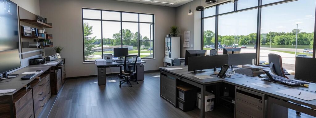 Home Building in West Des Moines: Trust Busy Builders LLC 3 a sleek, modern office space bustling with professionals, showcasing blueprints and quality standards for home building, emphasizes the dedication of busy builders llc to excellence in construction in west des moines.