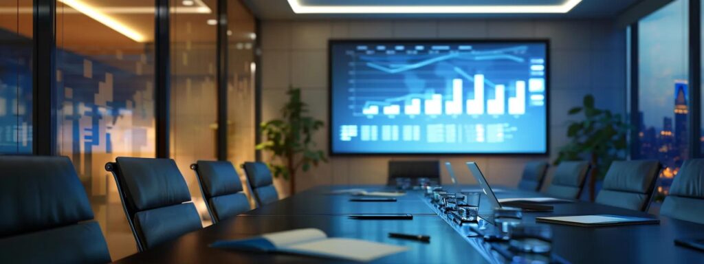 Seasonal Custom Deck Solutions for Everyone in Des Moines 4 a sleek, modern office conference room with a large digital screen displaying a chart of custom deck costs and financing options, illuminated by bright, focused lighting creating an engaging atmosphere for a financial presentation.