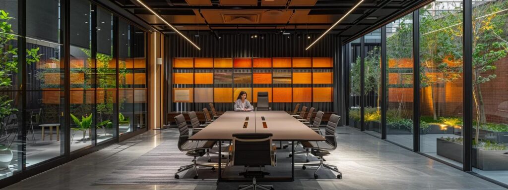 a sleek, modern office space features a large conference table surrounded by diverse samples of patio materials, illuminated by overhead led lights, showcasing a professional team engaged in a detailed discussion on maintenance needs for each patio type.