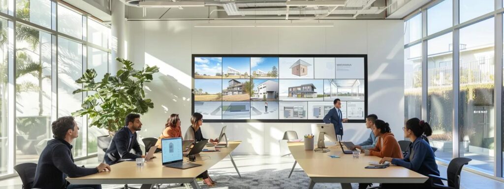 Home Building in West Des Moines: Trust Busy Builders LLC 2 a sleek, modern office environment showcases a large digital screen displaying a step-by-step transparent process for home construction, with architects and clients engaged in a dynamic discussion around a contemporary conference table.