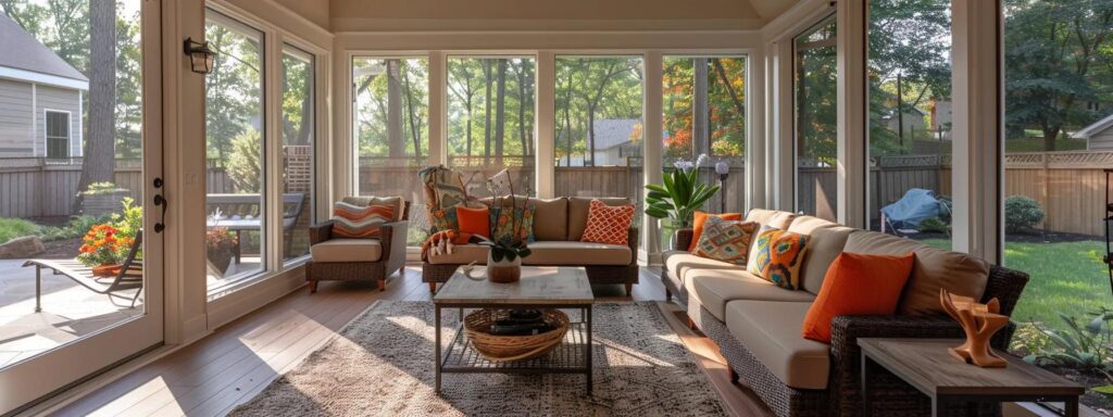a stylishly designed screened-in patio features a sleek four-season sunroom on one side, contrasted with a cozy three-season porch on the other, showcasing the distinct architectural elements and interior arrangements that highlight their key differences.