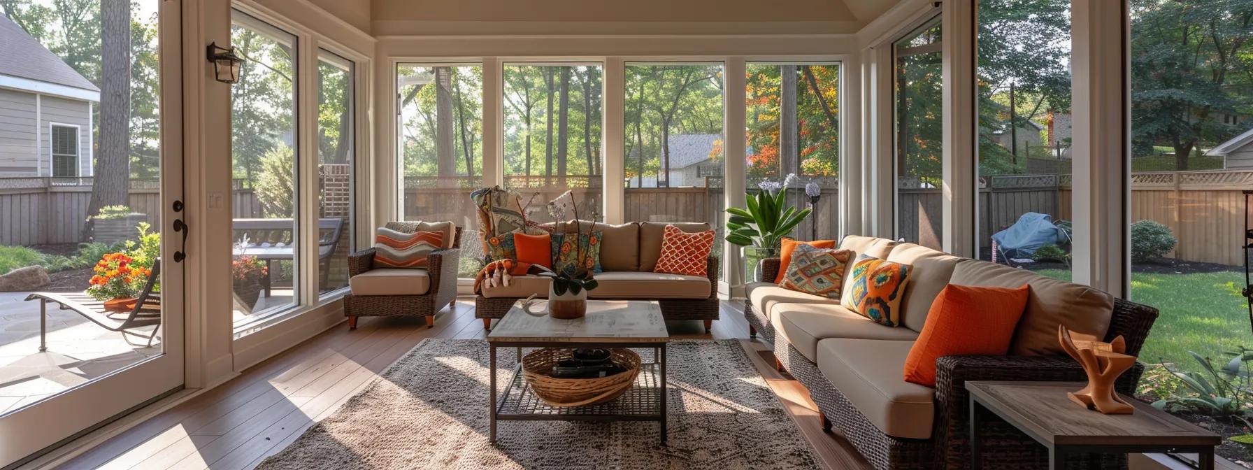 a stylishly designed screened-in patio features a sleek four-season sunroom on one side, contrasted with a cozy three-season porch on the other, showcasing the distinct architectural elements and interior arrangements that highlight their key differences.