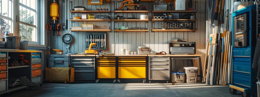 Seasonal Deck Care Checklist: Your Guide for Every Season 4 a professional contractor inspects various deck materials in a modern urban workshop, showcasing different cleaning tools and maintenance products designed for seasonal care in an organized yet visually engaging manner.