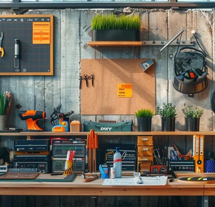 a meticulously organized office workspace showcases a seasonal checklist pinned to a board, surrounded by tools and equipment for deck care, emphasizing a professional approach to maintenance in a modern urban setting.