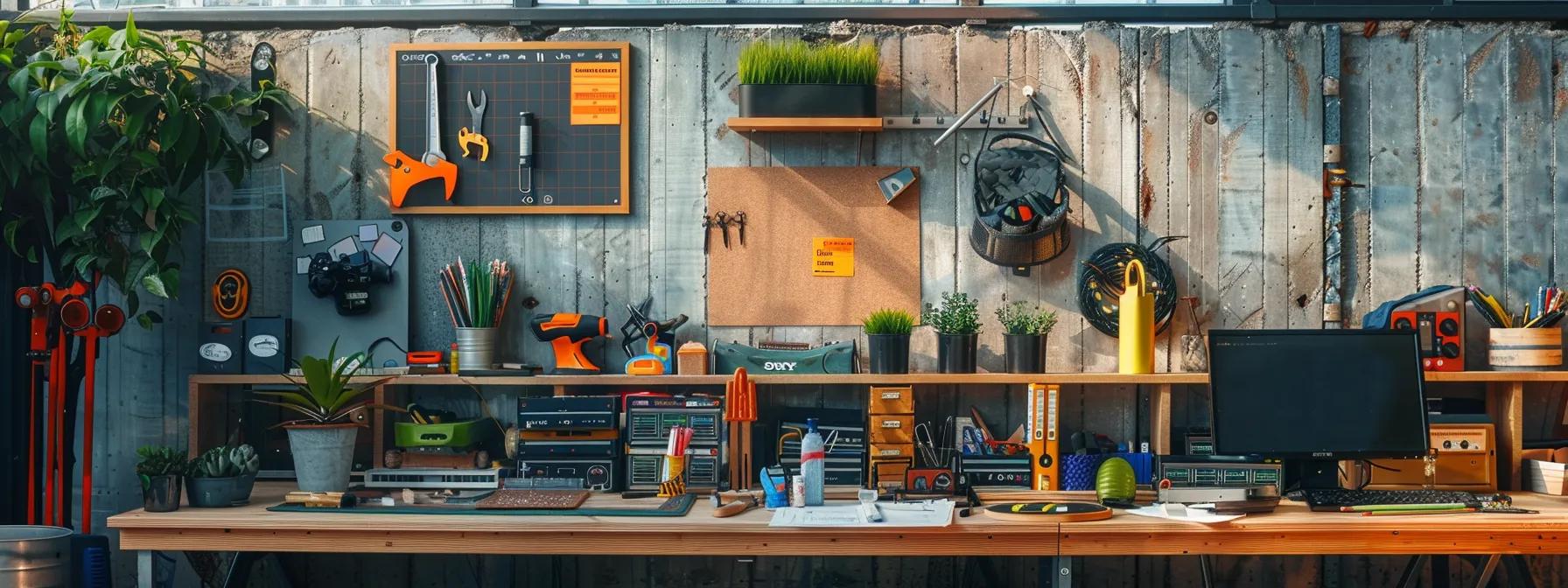 a meticulously organized office workspace showcases a seasonal checklist pinned to a board, surrounded by tools and equipment for deck care, emphasizing a professional approach to maintenance in a modern urban setting.
