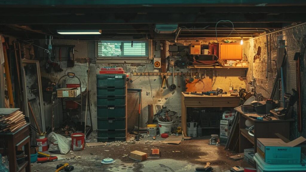 Avoid These Basement Finishing Mistakes in Des Moines Homes 4 a cluttered diy basement renovation scene showcases unfinished walls and scattered tools, emphasizing the chaotic aftermath of amateur construction mistakes in a dimly lit, urban basement environment.