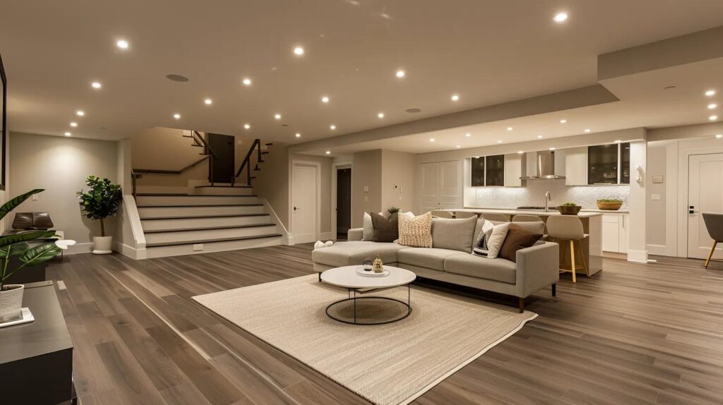 Maximize Space Efforts in Your Basement Renovation Process 3 a modern basement interior showcases sleek, low-profile insulation and moisture-resistant drywall, with polished engineered flooring, all illuminated by warm recessed lighting to highlight the spacious, inviting atmosphere.