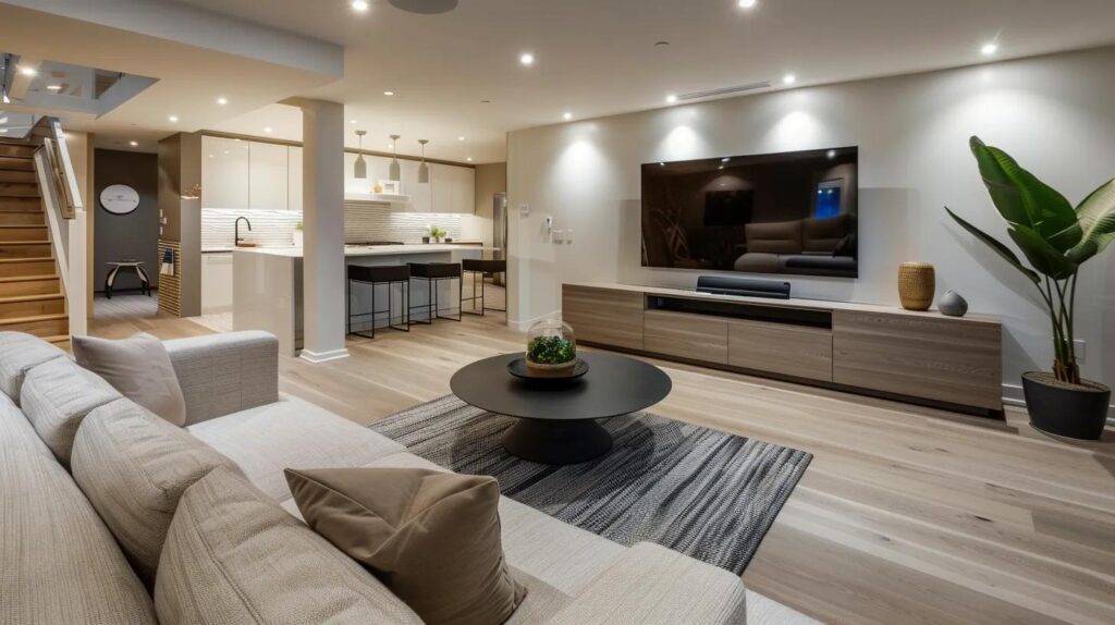 Maximize Space Efforts in Your Basement Renovation Process 2 a modern basement renovation showcases a spacious, stylish interior with multifunctional furniture and clever storage solutions, illuminated by sleek recess lighting that enhances the contemporary design.