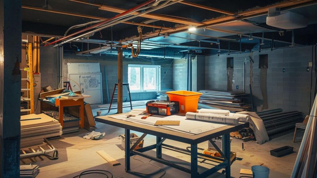 Cost Breakdown: Finishing a Basement in Des Moines 3 a modern basement under construction in an urban setting, showcasing organized materials, blueprints spread across a drafting table, and skilled workers collaborating on the remodel process with clear communication and focus on systematic progress.