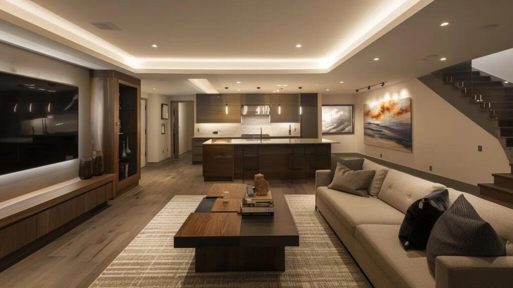 Creative Finished Basement Spaces for Maximum Home Value 3 a modern, elegantly designed basement transformation showcases well-defined zones for leisure and work, featuring sleek furniture, warm lighting, and visible construction materials, reflecting the complexities and decisions involved in basement finishing projects.