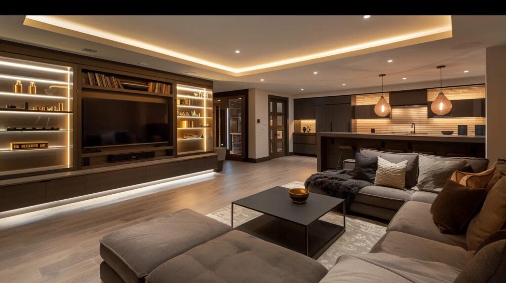 Innovative Basement Finishing Ideas for Unique Storage 3 a modern, elegantly designed basement showcases innovative storage solutions with sleek cabinetry, organized shelving, and multifunctional furniture, all illuminated by warm, ambient lighting that enhances the sophisticated atmosphere.