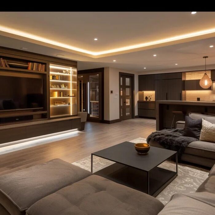 a modern, elegantly designed basement showcases innovative storage solutions with sleek cabinetry, organized shelving, and multifunctional furniture, all illuminated by warm, ambient lighting that enhances the sophisticated atmosphere.
