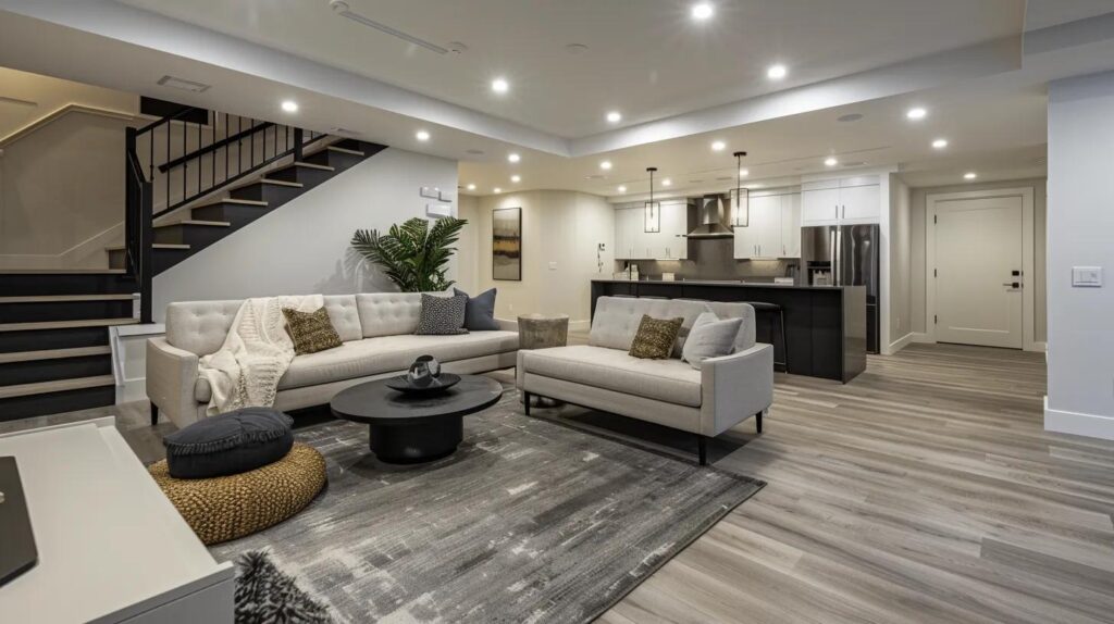 Affordable vs Premium Basement Finishing: What Suits You? 3 a modern, stylish basement interior showcases a striking contrast between affordable and premium finishing options, featuring sleek furniture and elegant decor that invite a conversation about value and investment in home design.