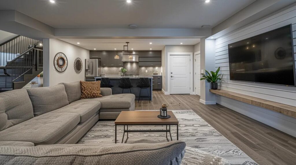 Affordable vs Premium Basement Finishing: What Suits You? 4 a modern, stylish basement renovation displays a cozy yet sophisticated living space, showcasing polished finishes and smart design choices that highlight the contrast between affordable and premium options.