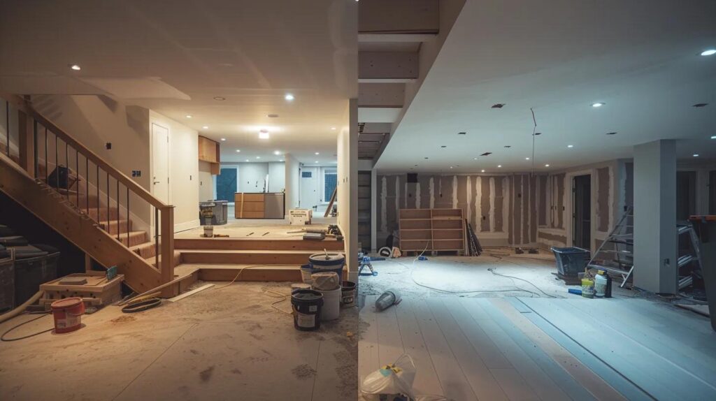 Maximize Space Efforts in Your Basement Renovation Process 5 a modern, stylish basement renovation in progress, showcasing a split scene with one half featuring organized diy tools and materials on one side, and the other half displaying a professional contractor meticulously installing custom drywall, bathed in warm artificial lighting to highlight the active transformation of the space.