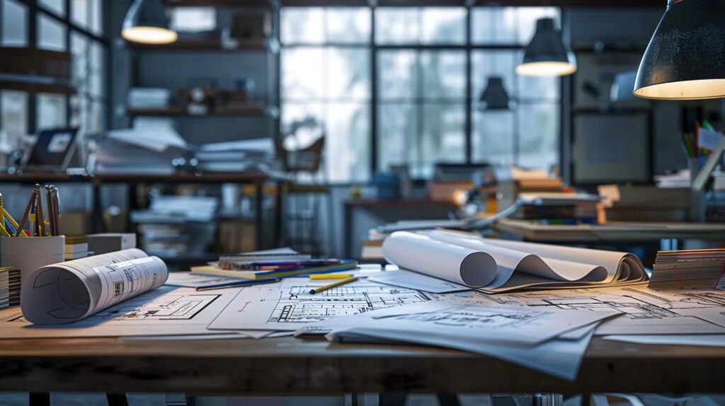 Budget-Savvy Basement Finishing Ideas for Stylish Homes 2 a modern urban office space showcases an architect's drafting table cluttered with blueprints and cost analysis sheets for a basement finishing project, illuminated by sleek overhead lighting that emphasizes the intricacies of design and budgeting.