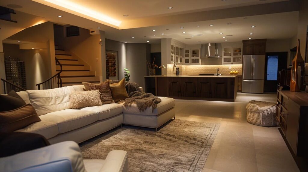 Avoid These Basement Finishing Mistakes in Des Moines Homes 4 a modern, well-appointed basement showcasing stylish yet practical design features, including elegant lighting and functional furniture, highlights the essential elements of successful basement finishing while subtly hinting at common pitfalls to avoid.