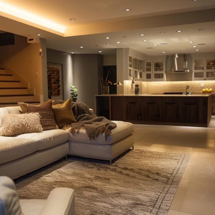 a modern, well-appointed basement showcasing stylish yet practical design features, including elegant lighting and functional furniture, highlights the essential elements of successful basement finishing while subtly hinting at common pitfalls to avoid.