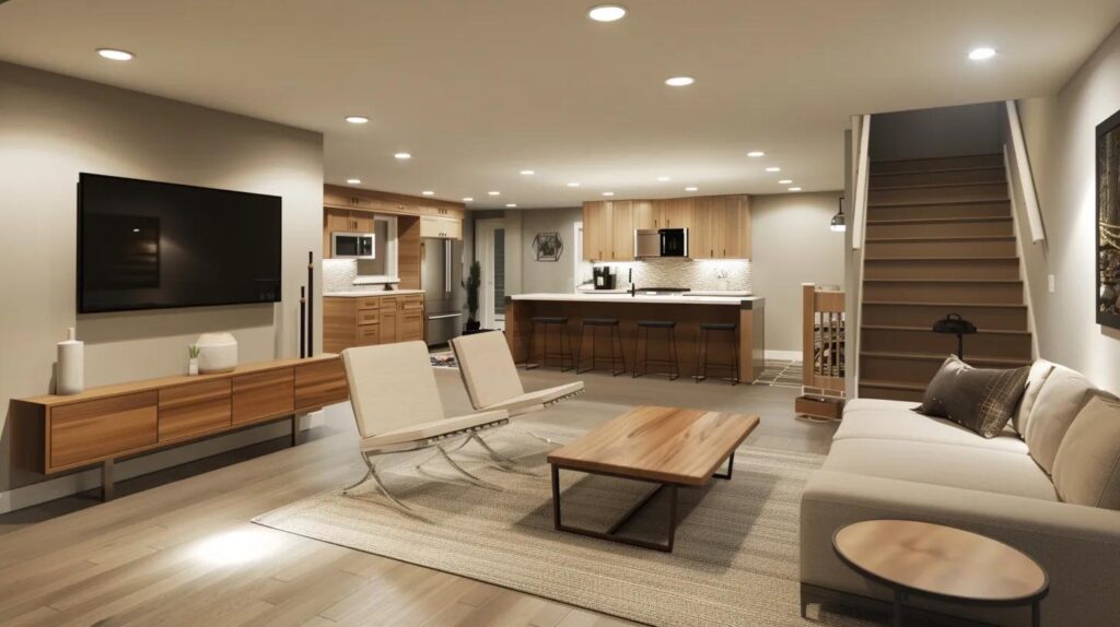 Budget-Savvy Basement Finishing Ideas for Stylish Homes 3 a modern, well-lit basement remodel showcasing a selection of sleek, cost-effective finishing materials displayed on a clean workspace, emphasizing the balance of style and budget-friendly choices.
