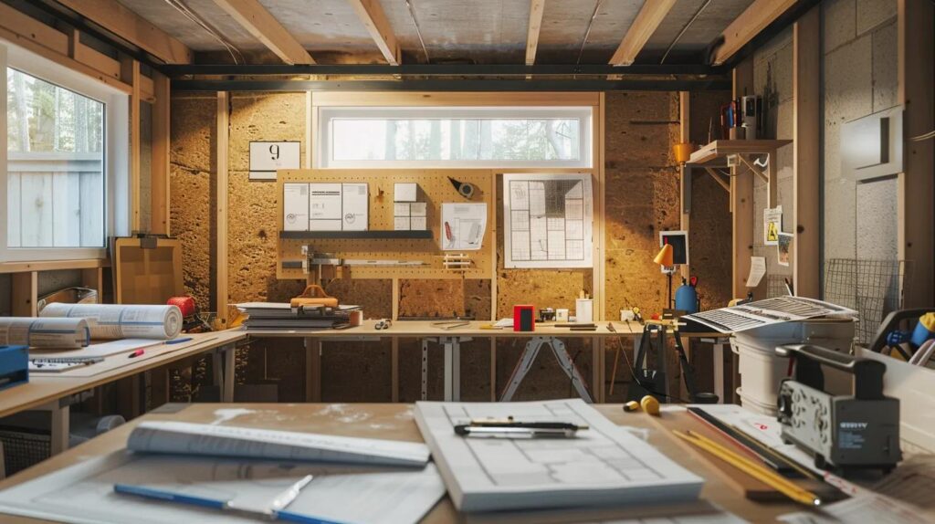 Avoid These Basement Finishing Mistakes in Des Moines Homes 5 a modern, well-lit basement under renovation showcases sleek insulation materials, organized tools, and architectural plans displayed on a table, emphasizing best practices for creating a durable and stylish living space.