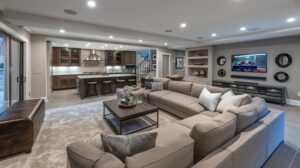 a modern, well-organized basement transformed into a cozy living space, featuring stylish furniture, warm lighting, and engaging design elements that highlight cost-effective finishing solutions for homeowners.