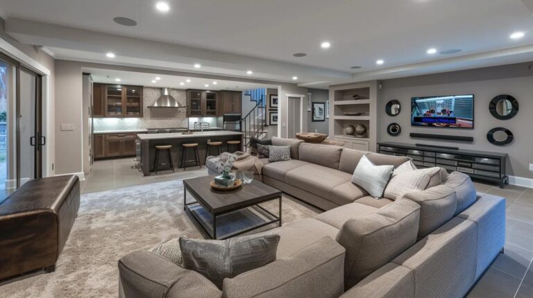 A modern, well-organized basement transformed into a cozy living space, featuring stylish furniture, warm lighting, and engaging design elements that highlight cost-effective finishing solutions for homeowners.