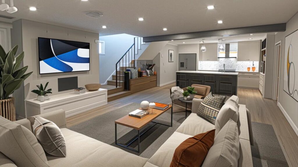 Key Factors in Basement Finishing Costs for Des Moines 5 a professional interior designer presents a sleek, modern basement remodeling layout on a digital tablet in a well-lit, contemporary office, emphasizing striking design elements and cost considerations for homeowners in des moines.