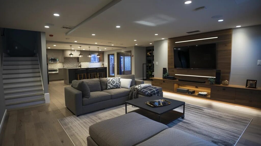 Navigating Basement Finishing Costs in Des Moines 2 a sleek, modern basement renovation showcases stylish finishes and smart design elements, set within an elegantly furnished urban space in des moines, illuminated by warm, ambient lighting.