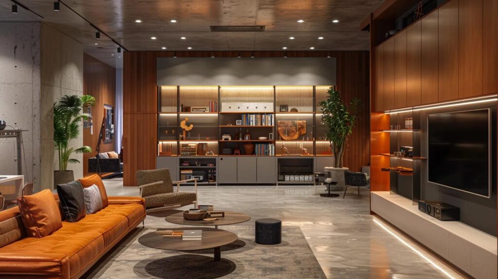 Innovative Basement Finishing Ideas for Unique Storage 4 a sleek, modern basement showcases innovative storage solutions, featuring chic shelving units and multifunctional furniture that enhance both organization and aesthetic appeal, set against a backdrop of polished concrete walls and warm, ambient lighting.