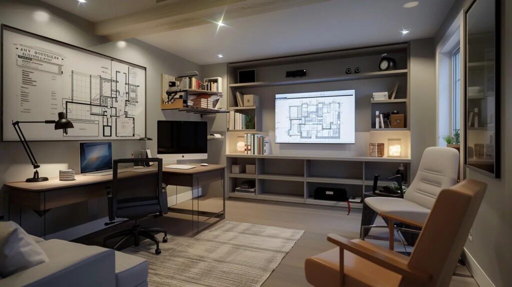 Creative Finished Basement Spaces for Maximum Home Value 5 a sleek, modern home office showcases a digital blueprint of a finished basement renovation on a large screen, highlighting meticulous planning and design choices that emphasize maximizing roi in real estate investment.