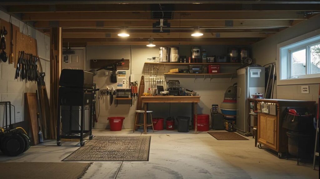 Knowing When Your Basement Is Ready for Finishing Work 3 a well-organized basement workspace is illuminated by bright overhead lights, showcasing freshly painted walls, neatly arranged tools, and a dehumidifier working diligently, embodying the essential preparations homeowners need for a successful basement finishing project.