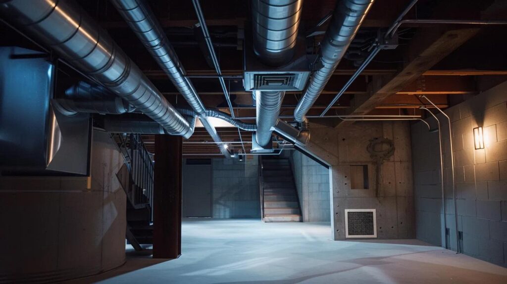 Strategies for Proper Ventilation in Finished Basements 1 a well-designed, modern finished basement featuring sleek ventilation ducts and strategically placed air vents, illuminated by bright, artificial light, conveying the importance of airflow in preventing mold growth.