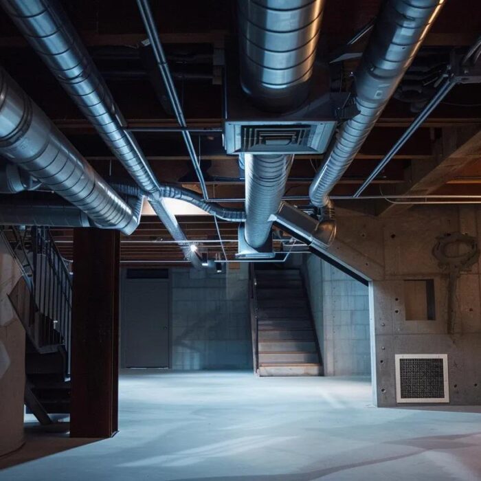 a well-designed, modern finished basement featuring sleek ventilation ducts and strategically placed air vents, illuminated by bright, artificial light, conveying the importance of airflow in preventing mold growth.