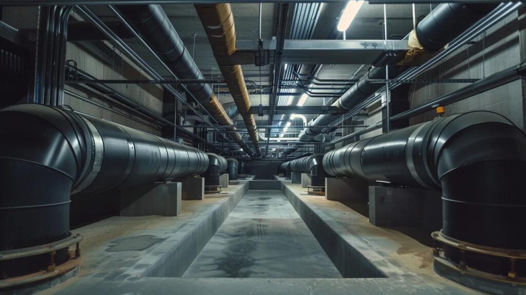 Strategies for Proper Ventilation in Finished Basements 4 a well-organized basement with sleek ventilation ducts prominently visible, illuminated by cool artificial lighting, showcasing a technician conducting routine maintenance checks on the ventilation system to prevent mold growth in a dry, sterile environment.