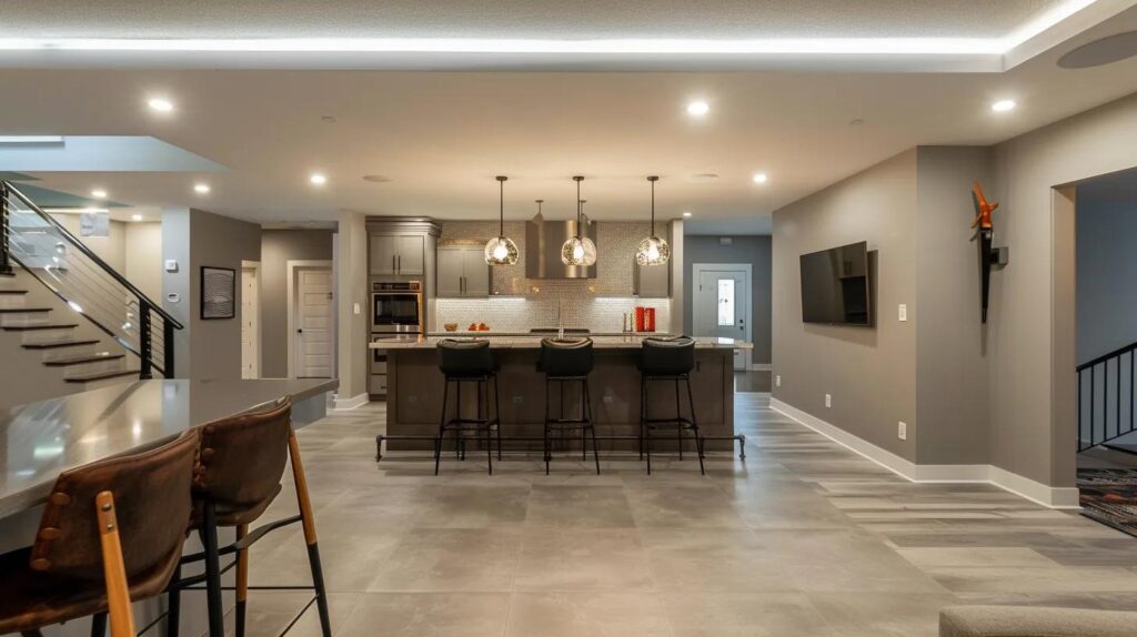 Avoid These Basement Finishing Mistakes in Des Moines Homes 3 an architecturally stunning basement renovation in des moines, showcasing modern finishes and compliance with building codes, illuminated by sleek overhead lights, emphasizes both safety and aesthetic appeal in a stylish urban setting.