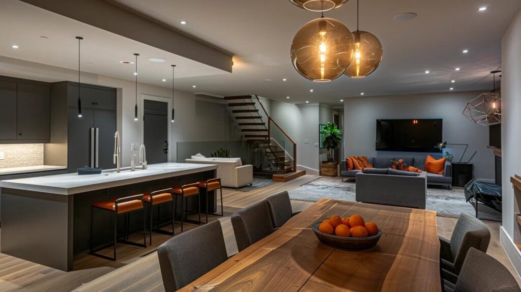 Maximize Space Efforts in Your Basement Renovation Process 2 an inventive basement layout showcases a modern, spacious design featuring distinct zones for living, sleeping, and recreation, illuminated by stylish pendant lights, with sleek built-in furniture that enhances the flow and functionality of the space.