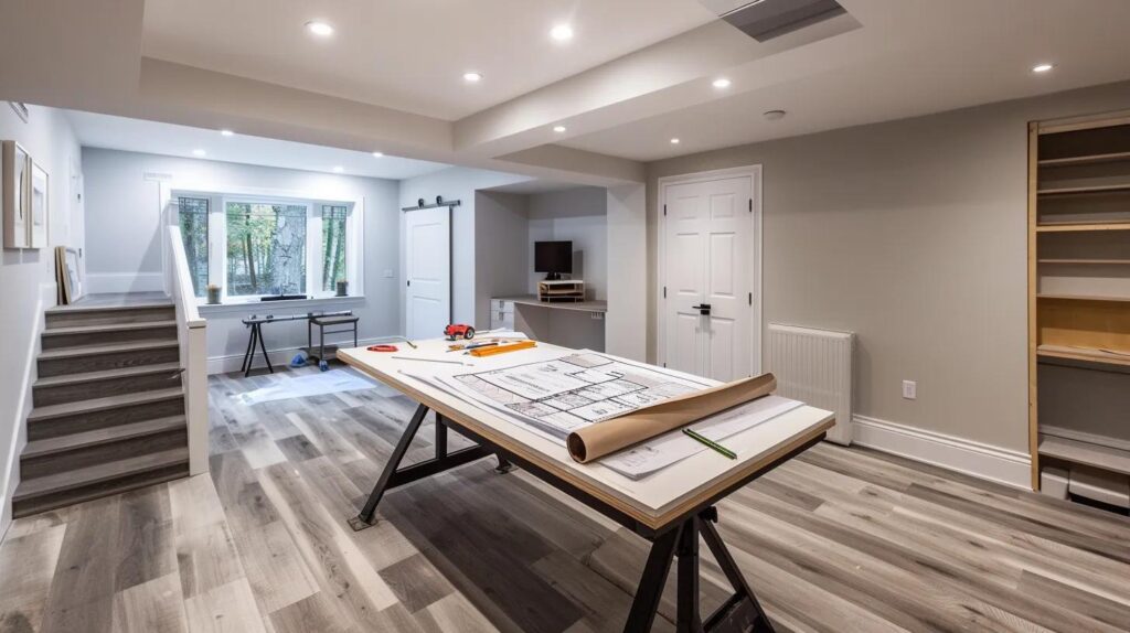 What to Expect: Basement Finishing Timeline in Des Moines 3 a bright and modern basement renovation office, featuring a sleek drafting table with professional blueprints, surrounded by high-quality samples of flooring and wall finishes, showcasing an organized timeline for a basement finishing project.