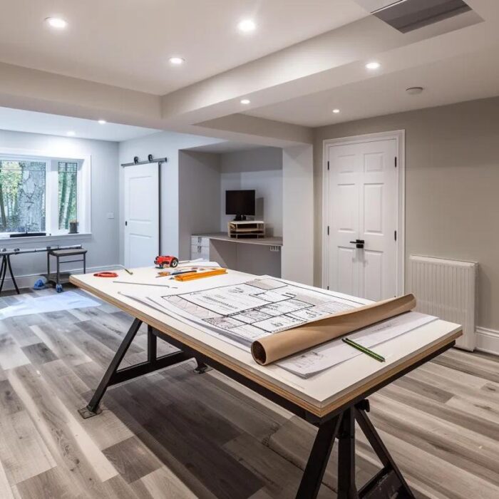 a bright and modern basement renovation office, featuring a sleek drafting table with professional blueprints, surrounded by high-quality samples of flooring and wall finishes, showcasing an organized timeline for a basement finishing project.