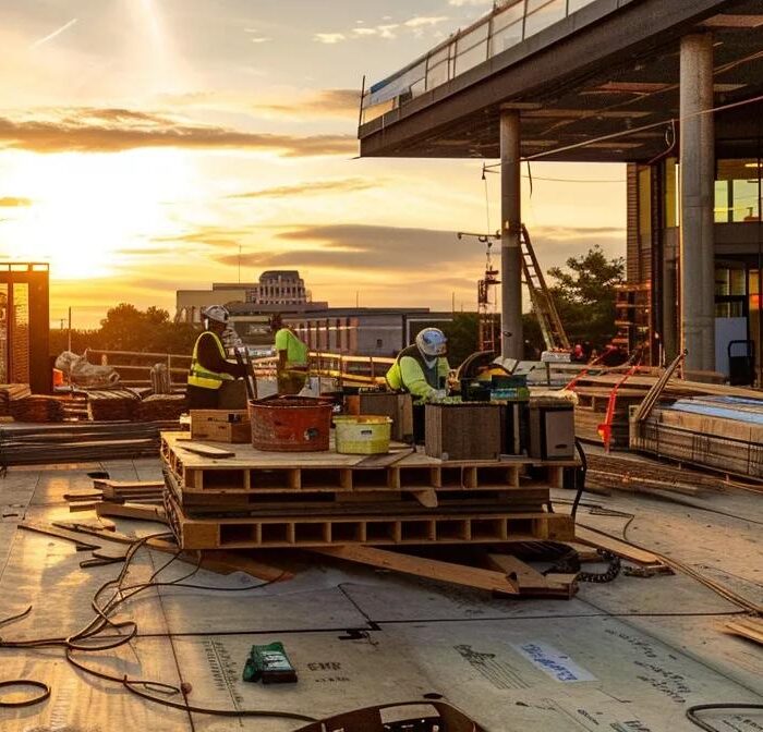 a bustling construction site in des moines, showcasing skilled workers meticulously assembling a modern deck with steel tools and vibrant safety gear, set against a backdrop of urban architecture under bright overhead lighting.