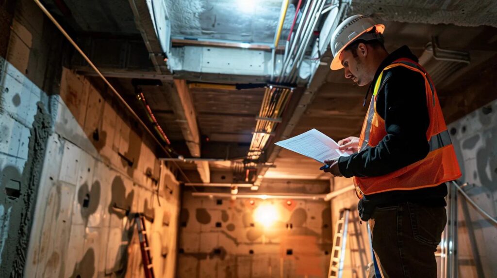 Knowing When Your Basement Is Ready for Finishing Work 4 a clean, modern basement inspection site is illuminated by bright overhead lights, showcasing a professional inspector examining structural walls and foundations with specialized equipment, emphasizing the critical importance of safety and compliance in renovation planning.