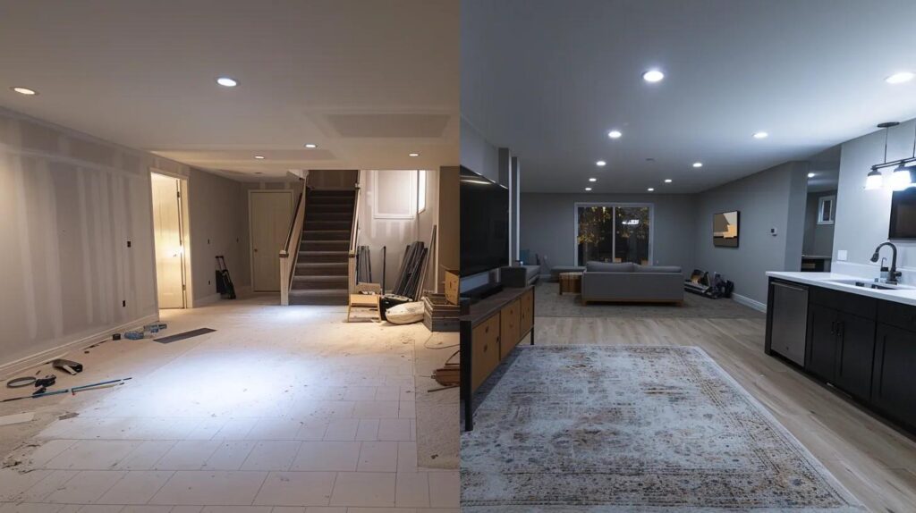 What to Know About DIY and Professional Basement Finishing Options 2 a detailed comparison scene showcases a dimly lit basement being finished, divided between a diy process on one side with scattered tools and paint, and a sleek, professionally finished area featuring modern design elements on the other, emphasizing the key differences for homeowners in des moines.