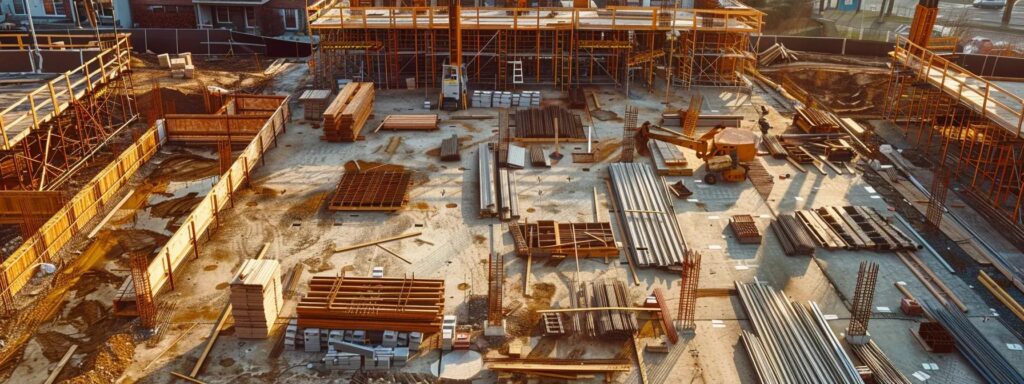 Explore Top Deck Construction Services in Des Moines 3 a detailed view of a meticulously organized deck construction site in an urban setting, showcasing various stages from framed foundations to material piles, all under bright artificial lighting to emphasize the precision and professionalism of the building process.