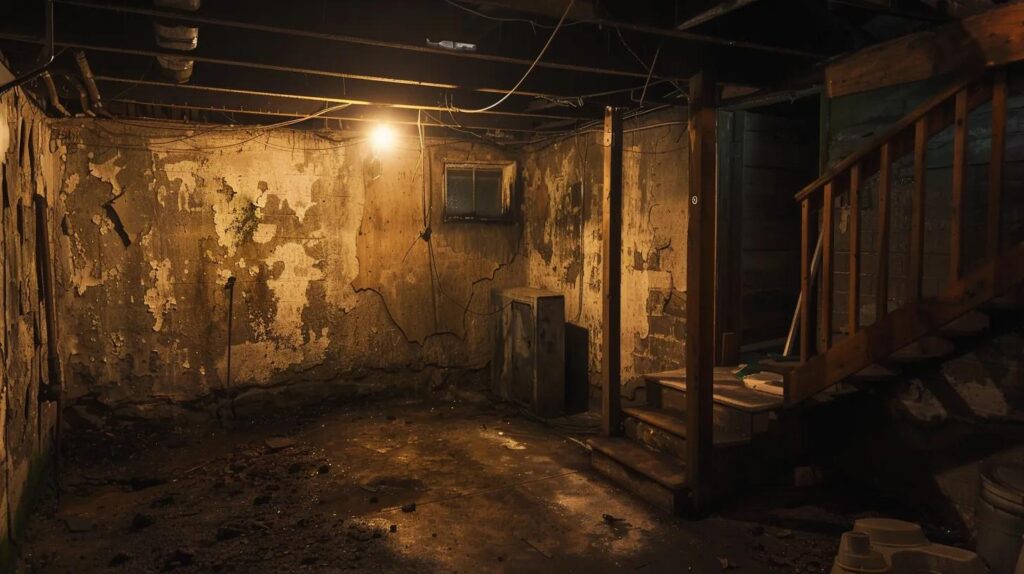 Avoid These Basement Finishing Mistakes in Des Moines Homes 2 a dimly lit basement in a des moines home showcases visible signs of moisture problems, with damp walls, peeling paint, and a lingering musty atmosphere, emphasizing the urgent need for effective moisture control solutions.