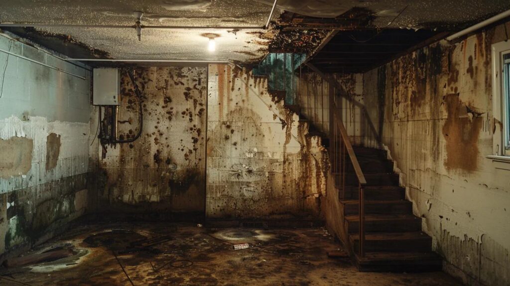 Strategies for Proper Ventilation in Finished Basements 2 a dimly lit finished basement showcases walls with visible condensation and damp patches, illustrating the stark effects of poor ventilation, while a hint of mustiness lingers in the air to evoke an uncomfortable atmosphere.