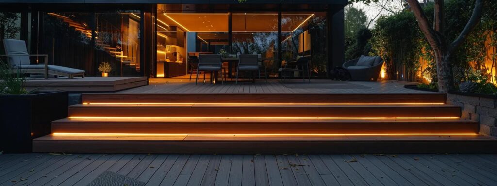 Explore Top Deck Construction Services in Des Moines 1 a meticulously designed deck under warm, artificial lighting, situated in a modern urban setting, showcases high-quality materials and expert craftsmanship, highlighting the professional services offered in deck construction.