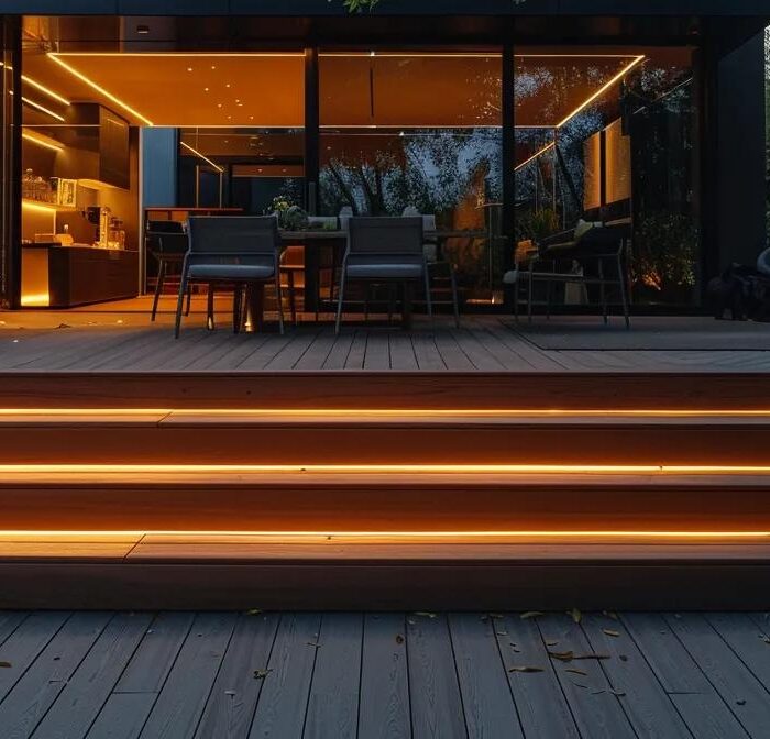 a meticulously designed deck under warm, artificial lighting, situated in a modern urban setting, showcases high-quality materials and expert craftsmanship, highlighting the professional services offered in deck construction.