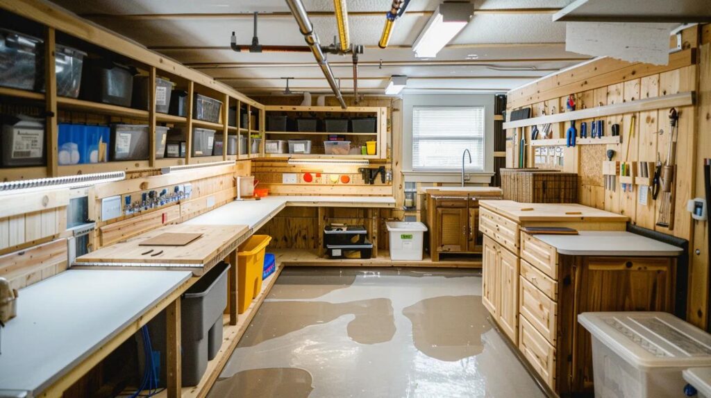 Strategies for Proper Ventilation in Finished Basements 5 a meticulously organized basement workshop showcases advanced moisture control solutions, featuring waterproofing materials, vapor barriers, and a sophisticated drainage system, all under bright, efficient artificial lighting.